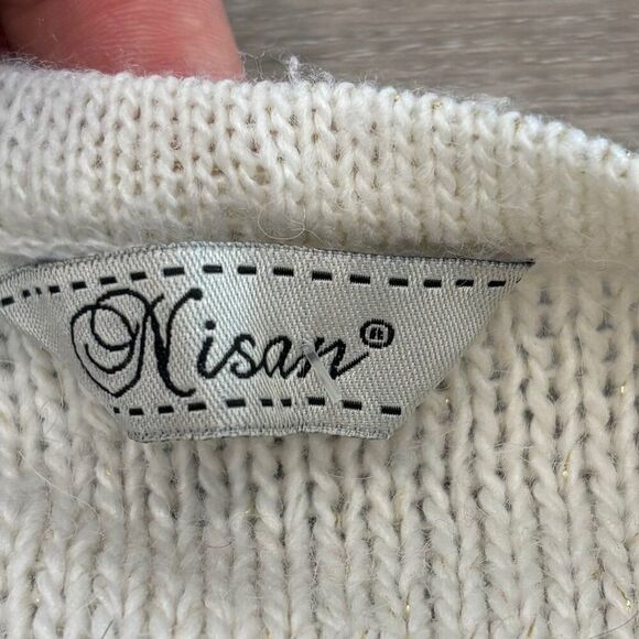 Nisan Cream Wool Knit Golden Metallic Tone Trim Sweater Back Button Sweater sz S - Picture 5 of 8